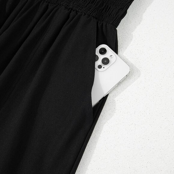 B249 Black Spaghetti Straps Shirred Bodice Pocketed Wide Leg Jumpsuit - Picture 12 of 16